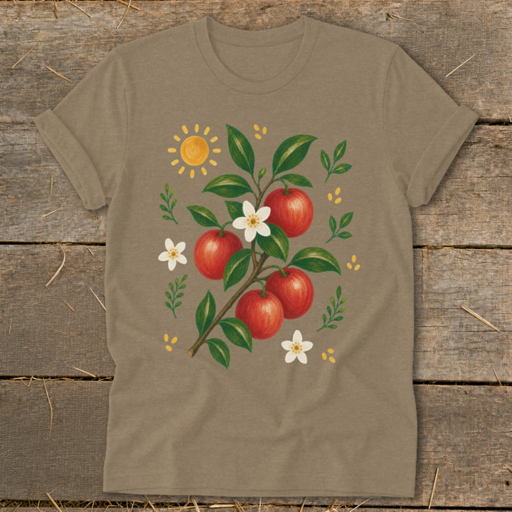 Brown t-shirt with illustration of apples, flowers, leaves, and sun.