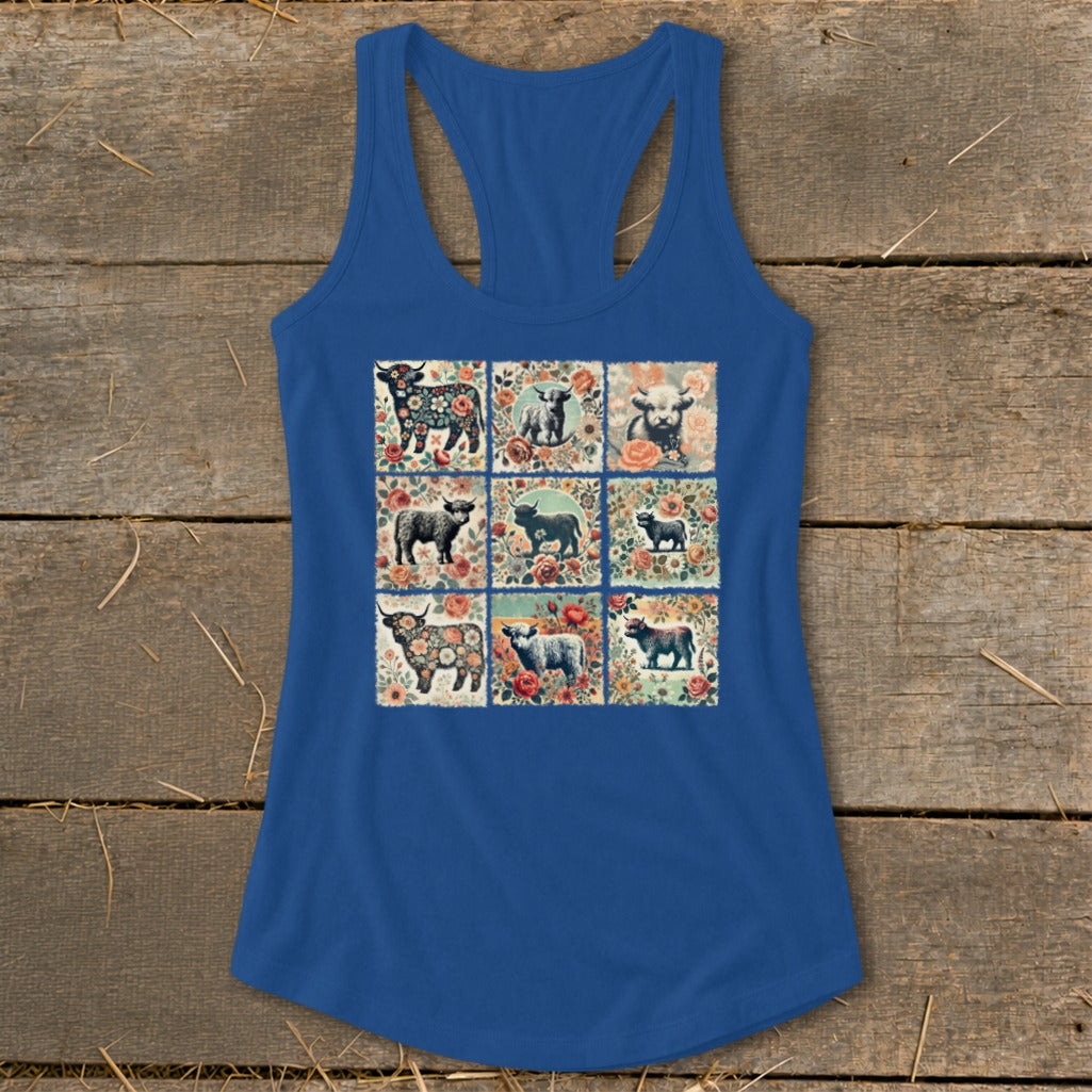Blue tank top featuring a collage of Highland cows and floral patterns in nine squares.