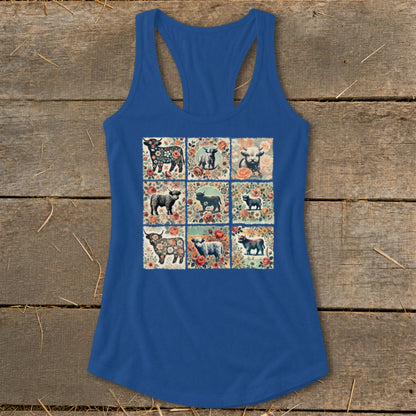 Blue tank top featuring a collage of Highland cows and floral patterns in nine squares.