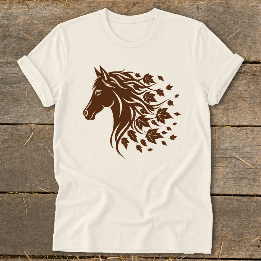 Cream t-shirt with brown horse head and flowing mane with autumn leaves.