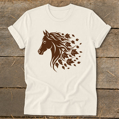 Cream t-shirt with brown horse head and flowing mane with autumn leaves.