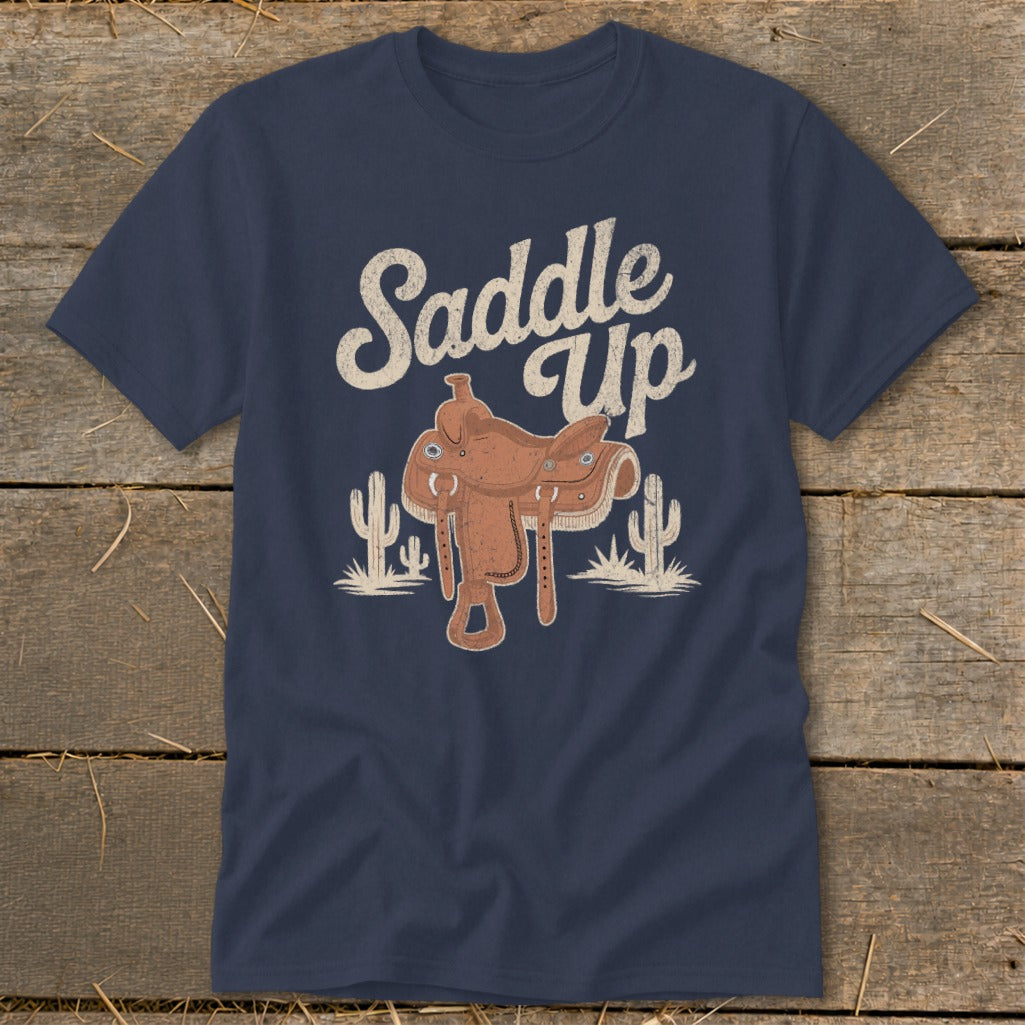 Navy t-shirt with "Saddle Up" text and a graphic of a saddle and cacti.