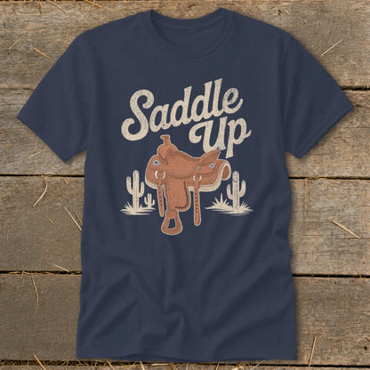 Navy t-shirt with "Saddle Up" text and a graphic of a saddle and cacti.