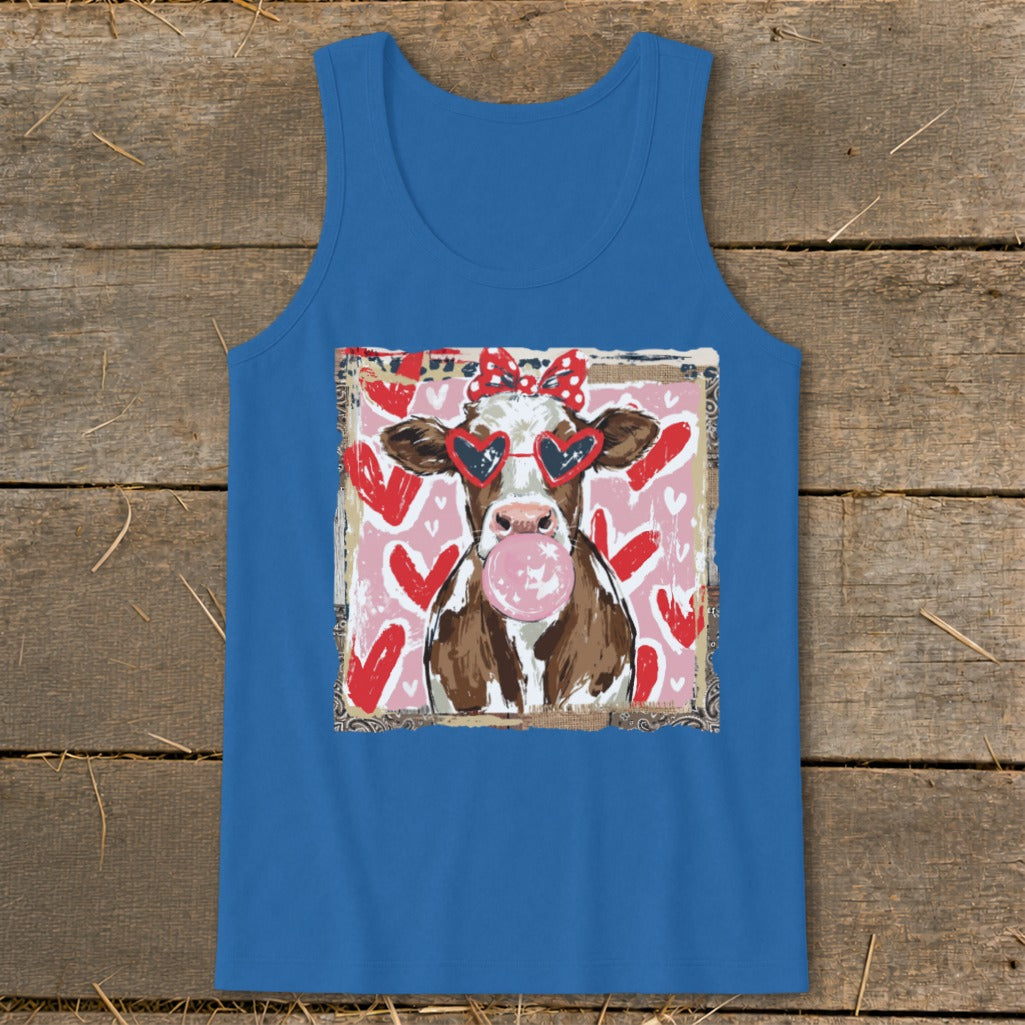 Cow with heart sunglasses and red bow blowing pink bubblegum on pink heart background.