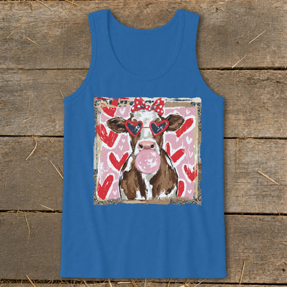 Cow with heart sunglasses and red bow blowing pink bubblegum on pink heart background.