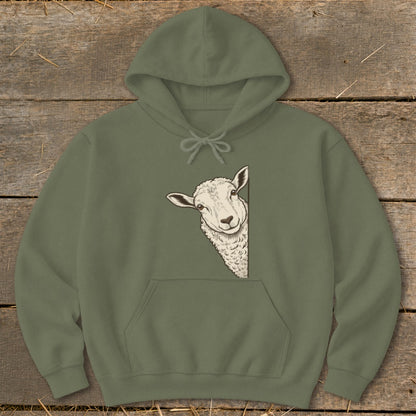 Olive green hoodie with a peeking sheep graphic on the left side.