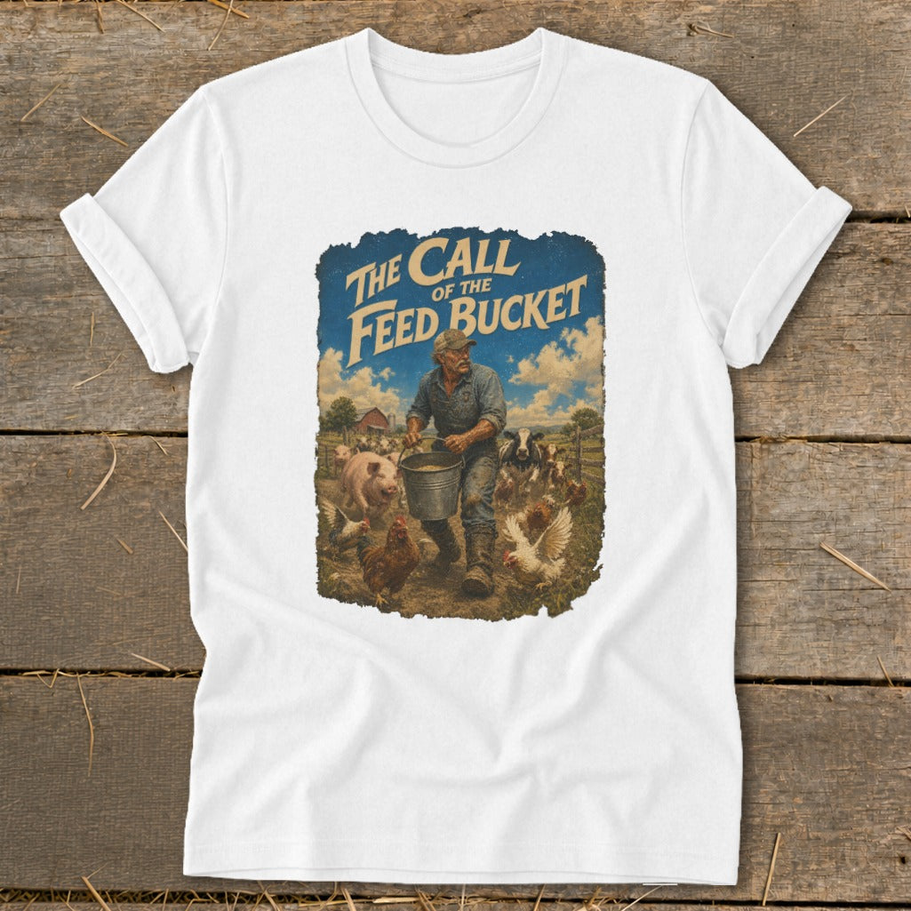 T-shirt graphic: Farmer carrying feed bucket, surrounded by pigs and chickens.