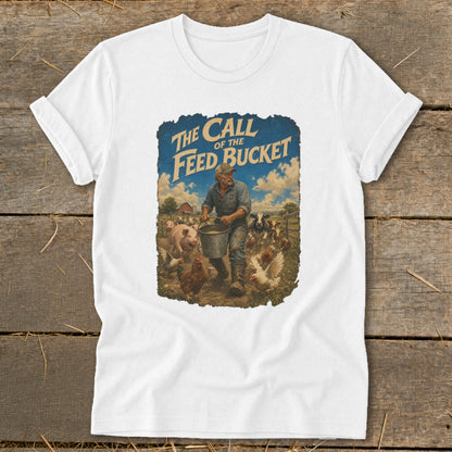 T-shirt graphic: Farmer carrying feed bucket, surrounded by pigs and chickens.