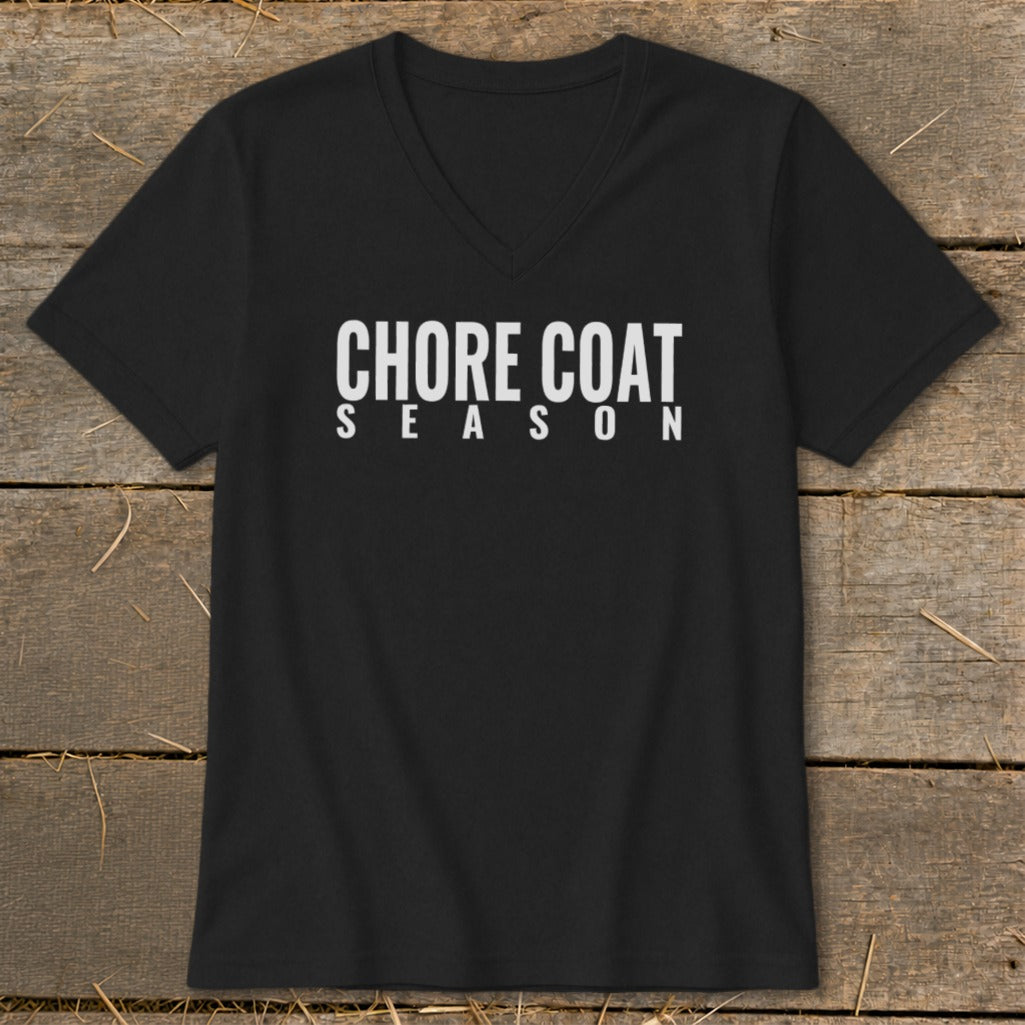 Black t-shirt with white text reading "CHORE COAT SEASON"
