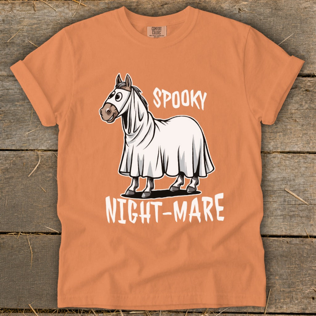 Horse wearing ghost costume with text "SPOOKY NIGHT-MARE"