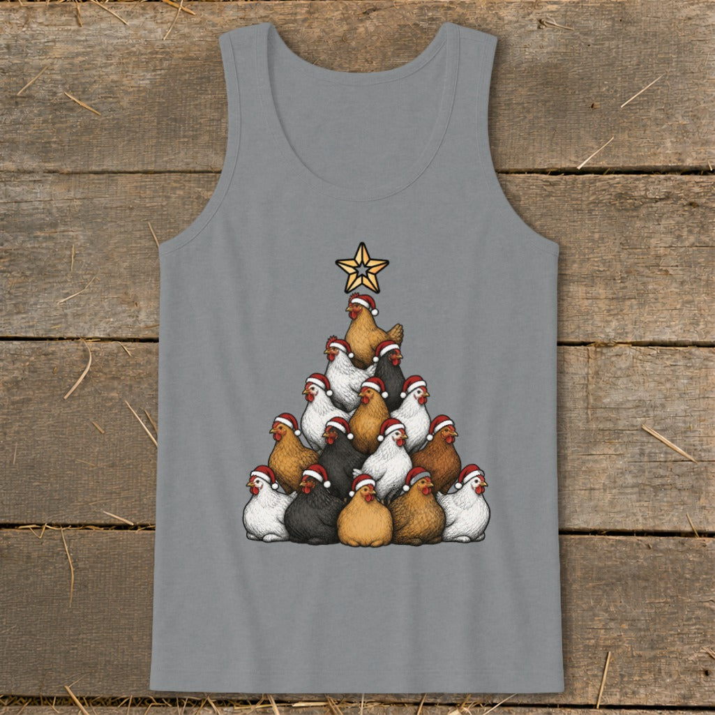 A Christmas tree made of chickens wearing Santa hats, with a star on top.