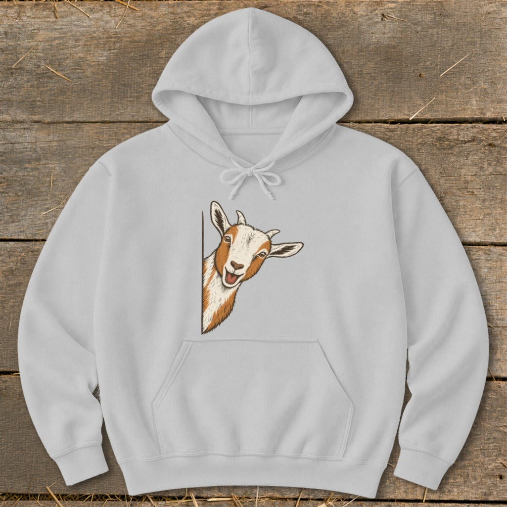 Light gray hoodie with a drawing of a goat peeking from the side.