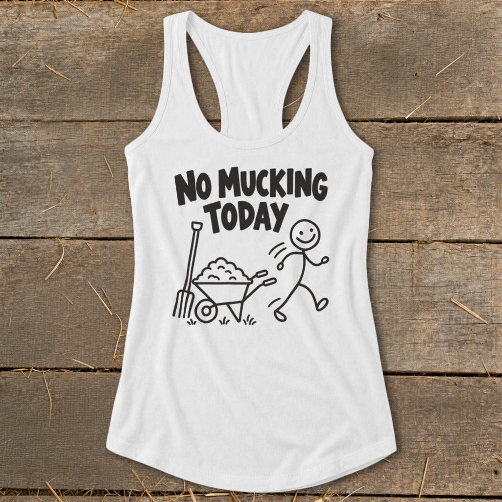 White tank top with black graphic of a stick figure running from a wheelbarrow and pitchfork.