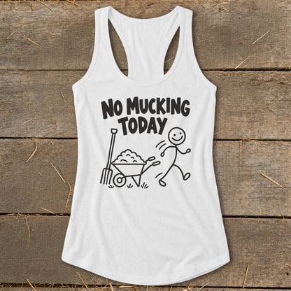 White tank top with black graphic of a stick figure running from a wheelbarrow and pitchfork.