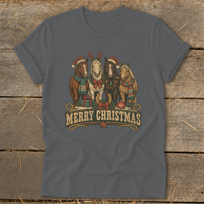 T-shirt graphic with four horses wearing Santa hats and scarves, text "MERRY CHRISTMAS".