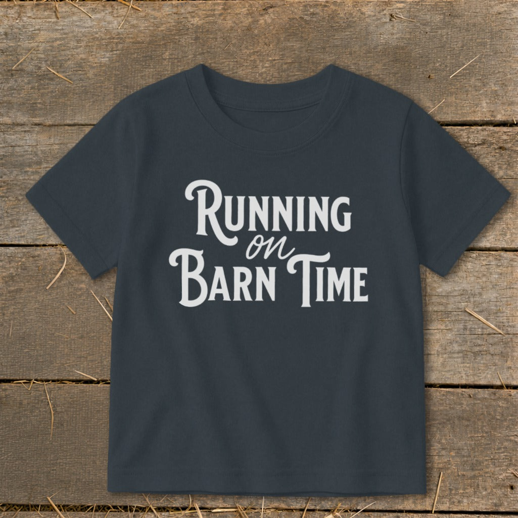 Dark t-shirt with white text "Running on Barn Time"