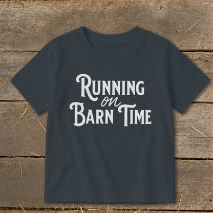 Dark t-shirt with white text "Running on Barn Time"