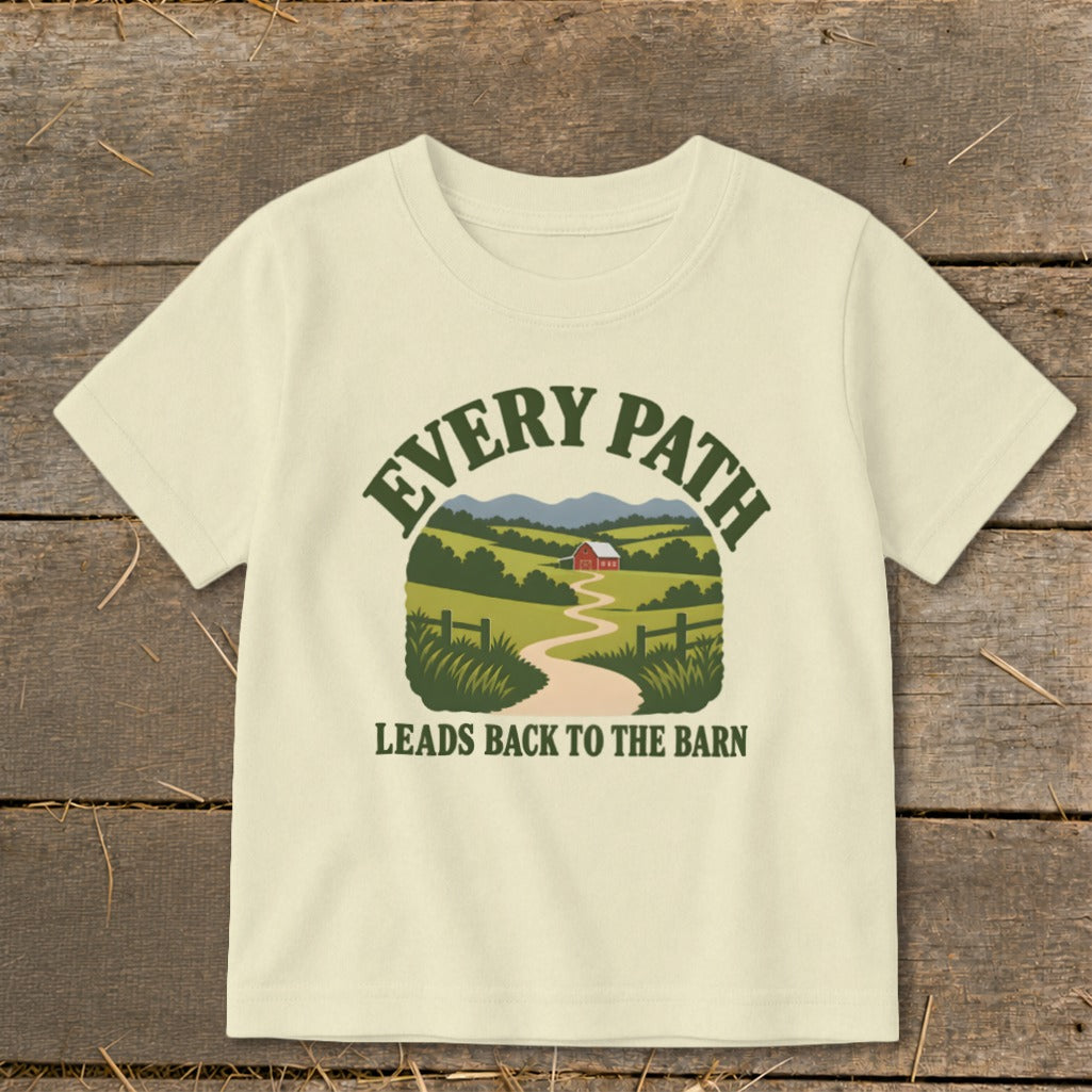 Cream t-shirt with "EVERY PATH LEADS BACK TO THE BARN" and barn landscape graphic.