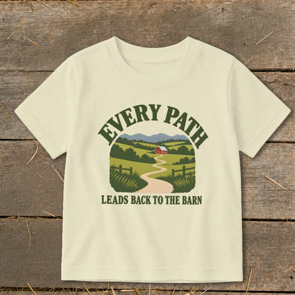 Cream t-shirt with "EVERY PATH LEADS BACK TO THE BARN" and barn landscape graphic.