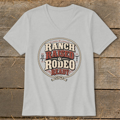 Light gray V-neck t-shirt with "Ranch Raised Rodeo Ready" graphic.