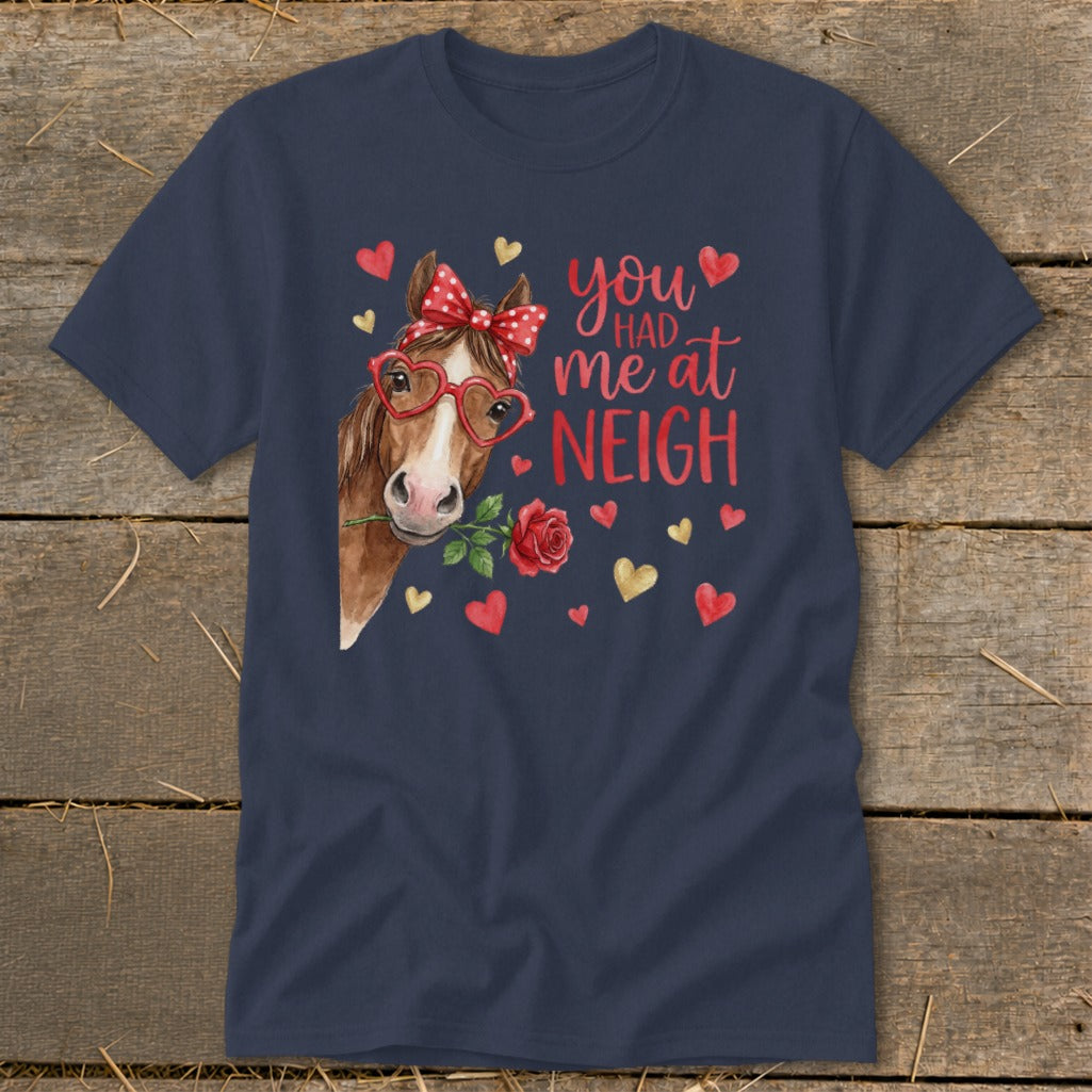 Horse wearing heart glasses and bow with text "you had me at NEIGH".