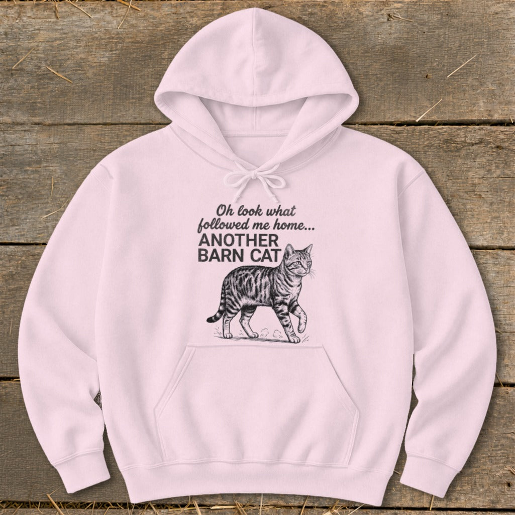 Light pink hoodie with text "Oh look what followed me home... ANOTHER BARN CAT" and a tabby cat illustration.