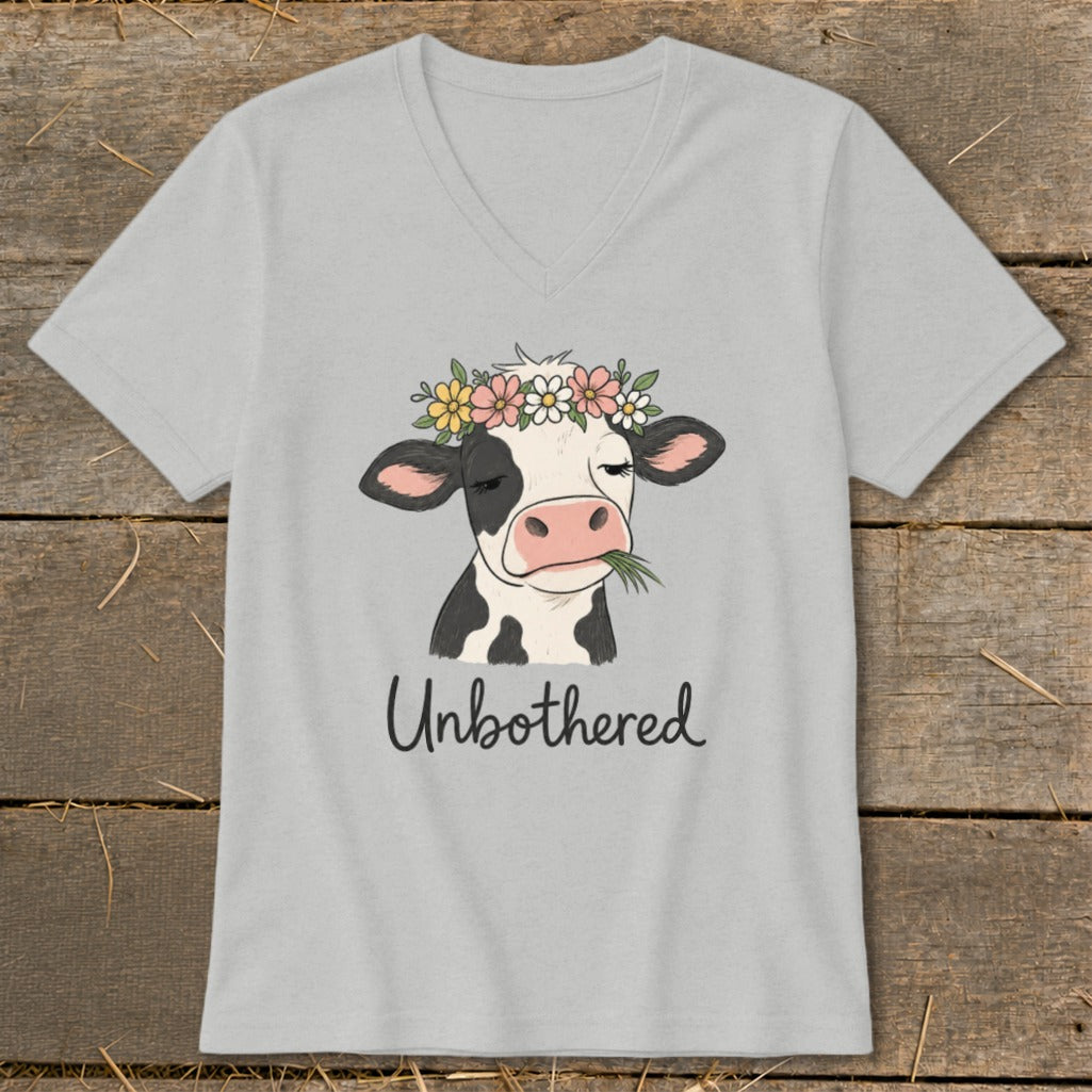 Gray t-shirt with a cartoon cow wearing a flower crown and the text "Unbothered".