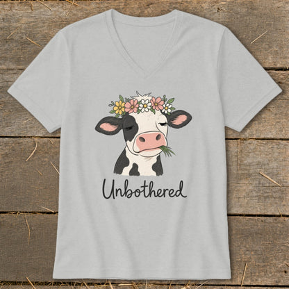 Gray t-shirt with a cartoon cow wearing a flower crown and the text "Unbothered".