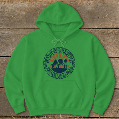 Green hoodie with "Official Retirement Plan Working For My Cows" text and cow graphic.