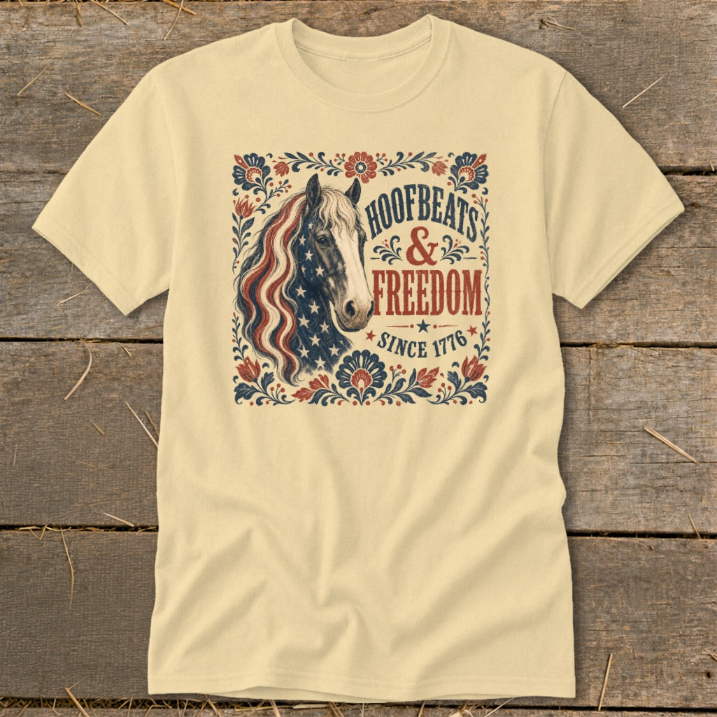 Yellow t-shirt with "Hoofbeats & Freedom Since 1776" and a horse with an American flag mane.