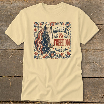 Yellow t-shirt with "Hoofbeats & Freedom Since 1776" and a horse with an American flag mane.
