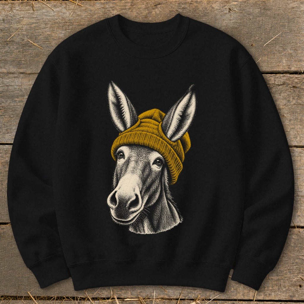 Black sweatshirt with a sketch of a donkey wearing a yellow beanie.