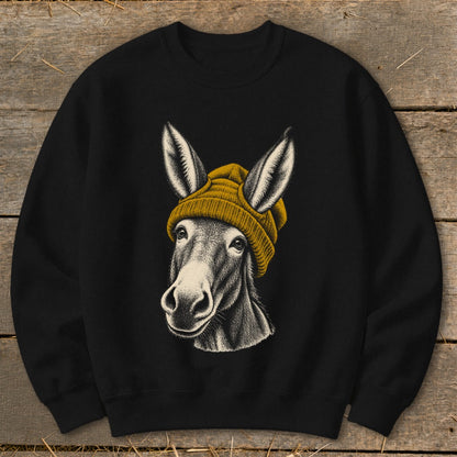 Black sweatshirt with a sketch of a donkey wearing a yellow beanie.