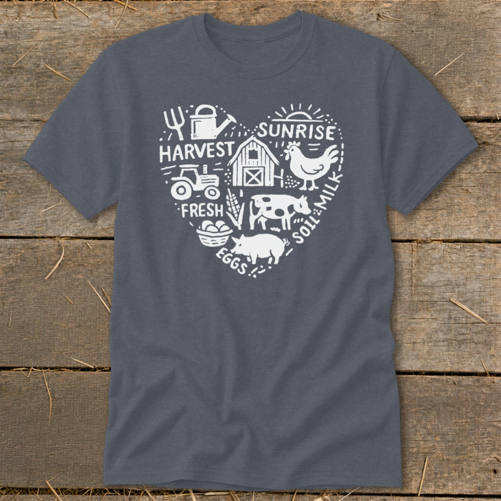 T-shirt with white farm heart graphic, featuring barn, tractor, animals, and text.
