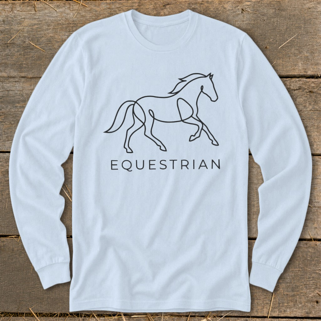 Light blue long-sleeve shirt with a black line drawing of a running horse and the word Equestrian.