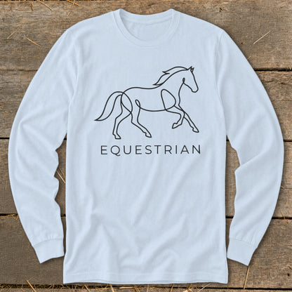 Light blue long-sleeve shirt with a black line drawing of a running horse and the word Equestrian.
