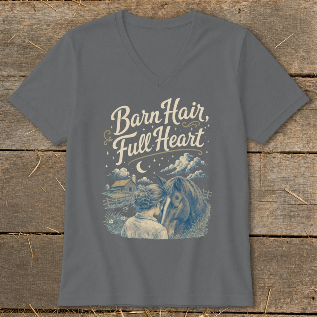 T-shirt graphic with text "Barn Hair, Full Heart" and a woman embracing a horse.