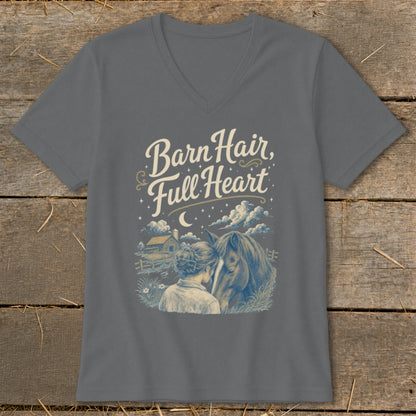 T-shirt graphic with text "Barn Hair, Full Heart" and a woman embracing a horse.