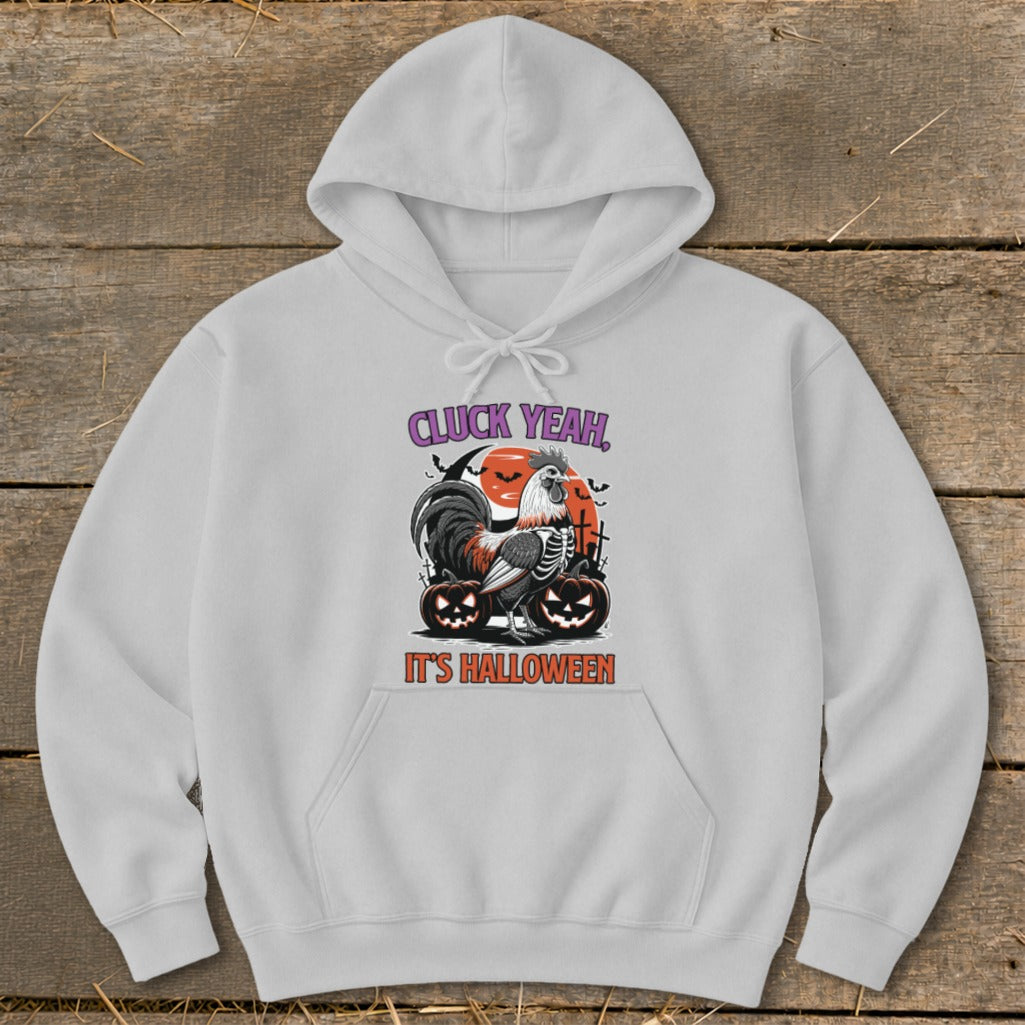 Grey hoodie with a Halloween graphic of a rooster skeleton with pumpkins and text "CLUCK YEAH, IT'S HALLOWEEN".