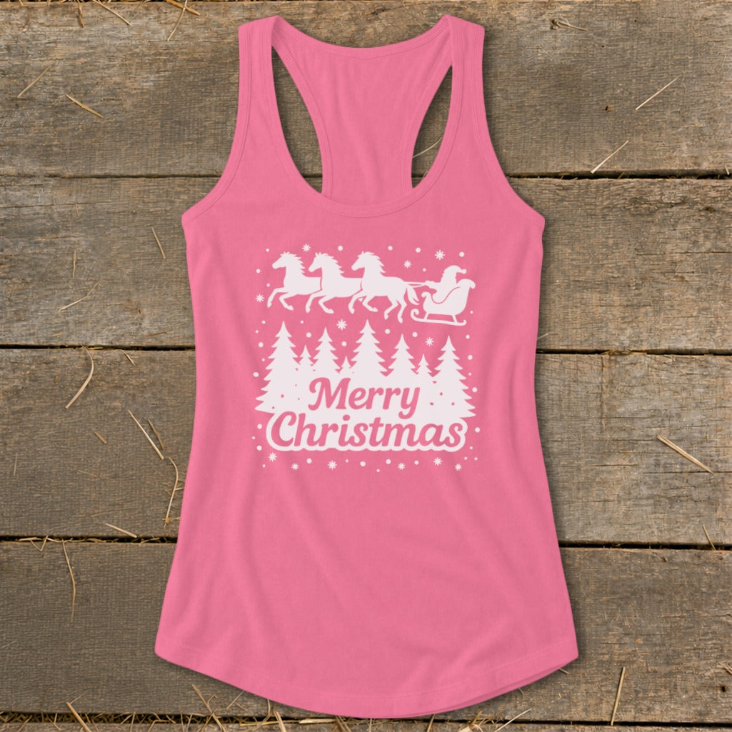 Pink tank top with white Santa, sleigh, horses, trees, and "Merry Christmas" text.