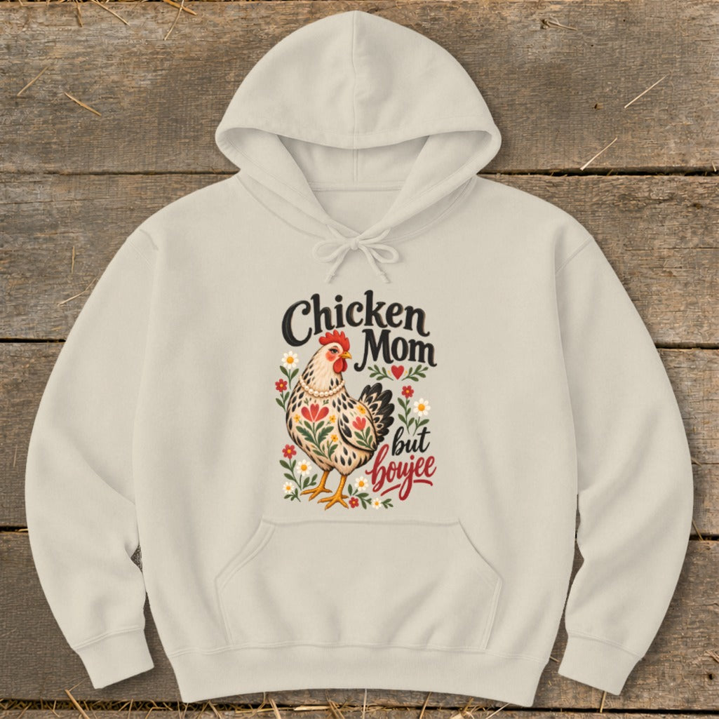Cream hoodie with "Chicken Mom but boujee" text and a chicken illustration.