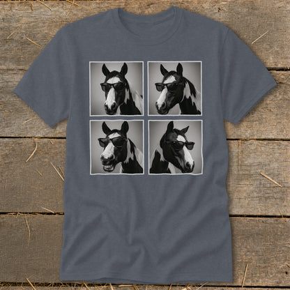 Four black and white portraits of a paint horse wearing sunglasses, arranged in a grid on a t-shirt.