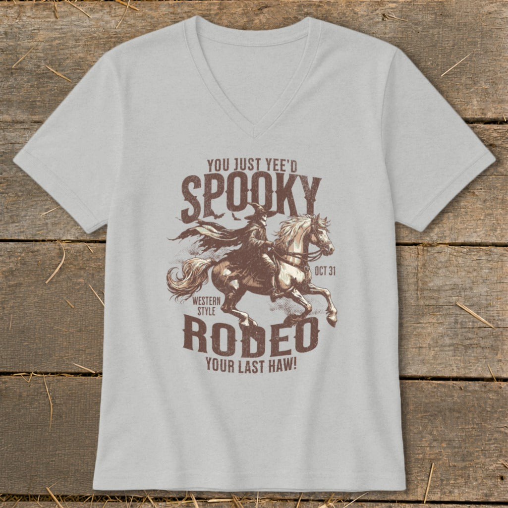 Light grey t-shirt with spooky western rodeo graphic and text.