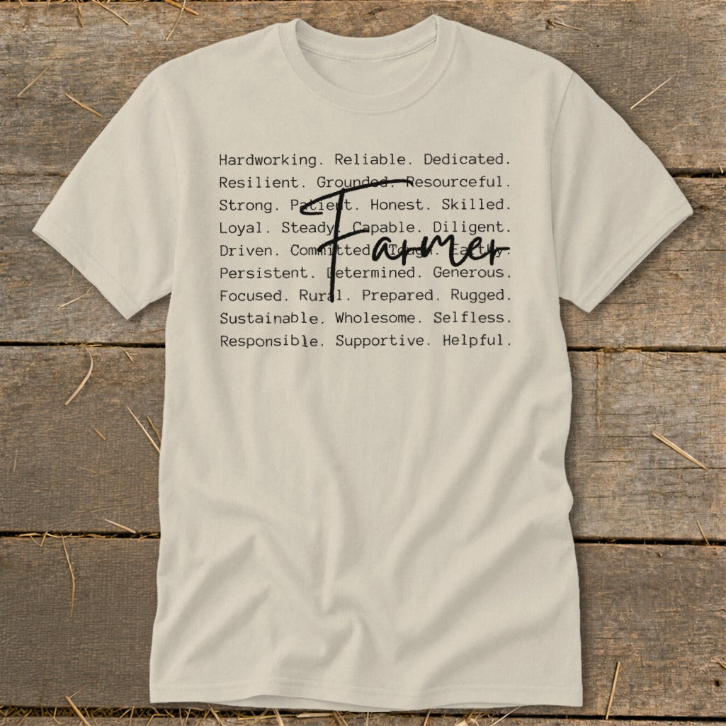 Cream t-shirt with a list of adjectives and "Farmer" written by hand.