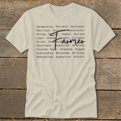 Cream t-shirt with a list of adjectives and "Farmer" written by hand.