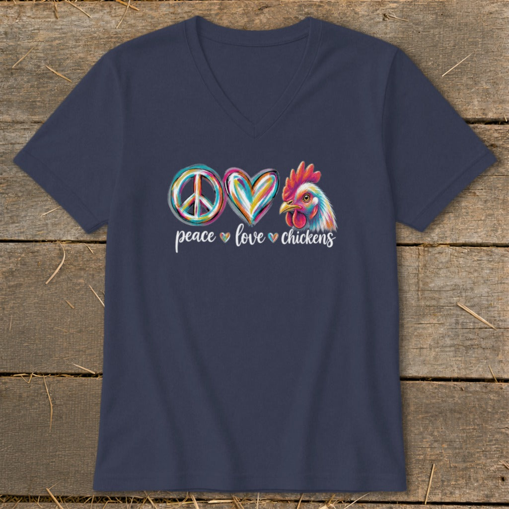 Navy v-neck t-shirt with peace, heart, and chicken design and text "peace love chickens".