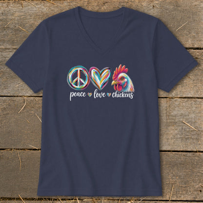Navy v-neck t-shirt with peace, heart, and chicken design and text "peace love chickens".