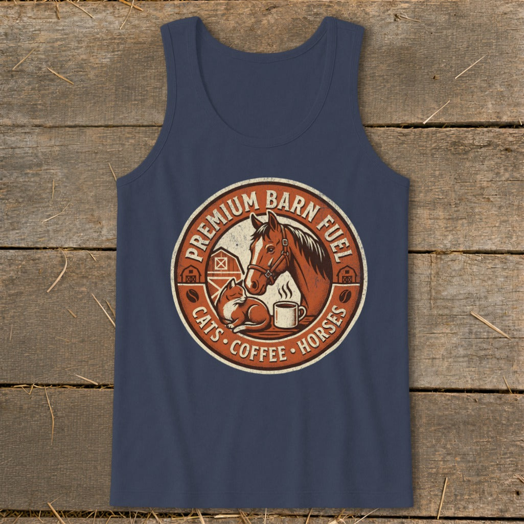 Navy tank top with round graphic: horse, cat, coffee, and text.