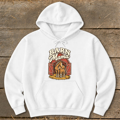 White hoodie with "Barn Mama" text over a barn scene with two horses.