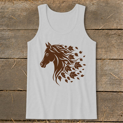 Brown horse head with flowing mane and autumn leaves graphic on a white tank top.